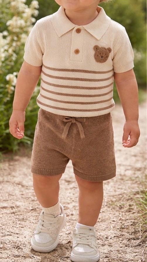 Boys Knit Polo Shorts Set | Neutral Toddler Bear Detail Outfit