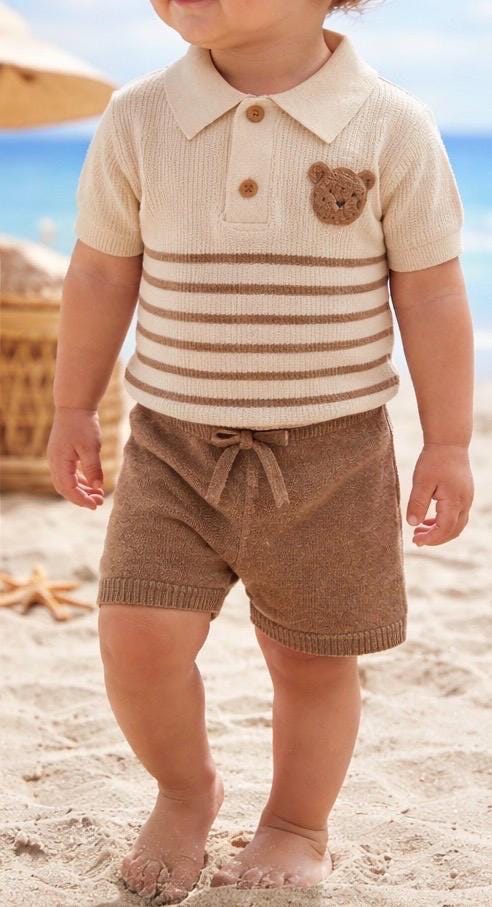 Boys Knit Polo Shorts Set | Neutral Toddler Bear Detail Outfit