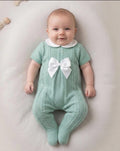 Sage Green Knitted Baby Romper with Bow | Soft Cotton All-in-One Outfit
