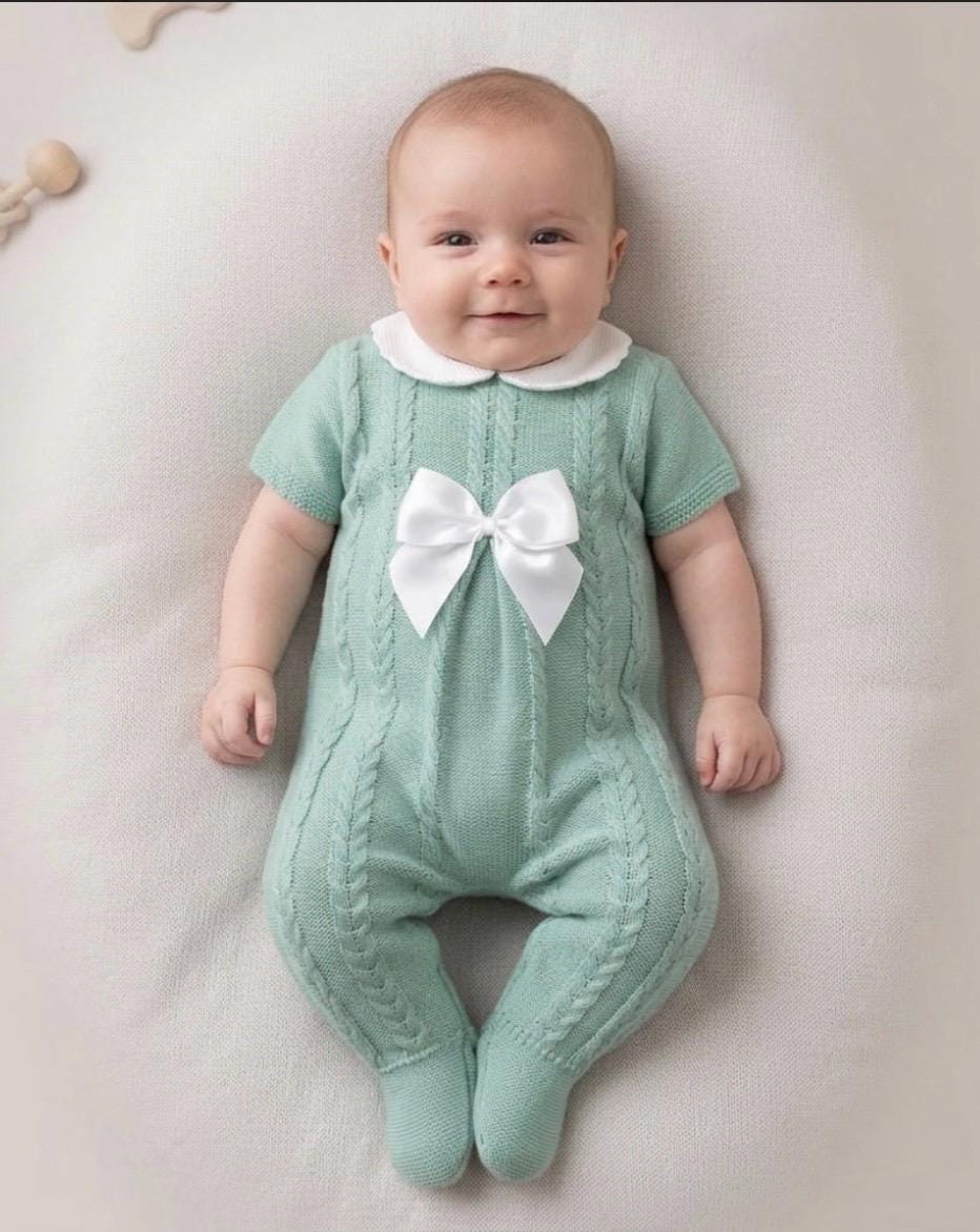 Sage Green Knitted Baby Romper with Bow | Soft Cotton All-in-One Outfit