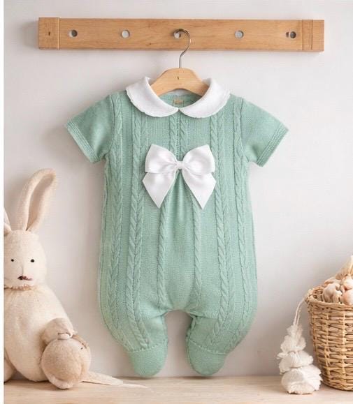 Sage Green Knitted Baby Romper with Bow | Soft Cotton All-in-One Outfit