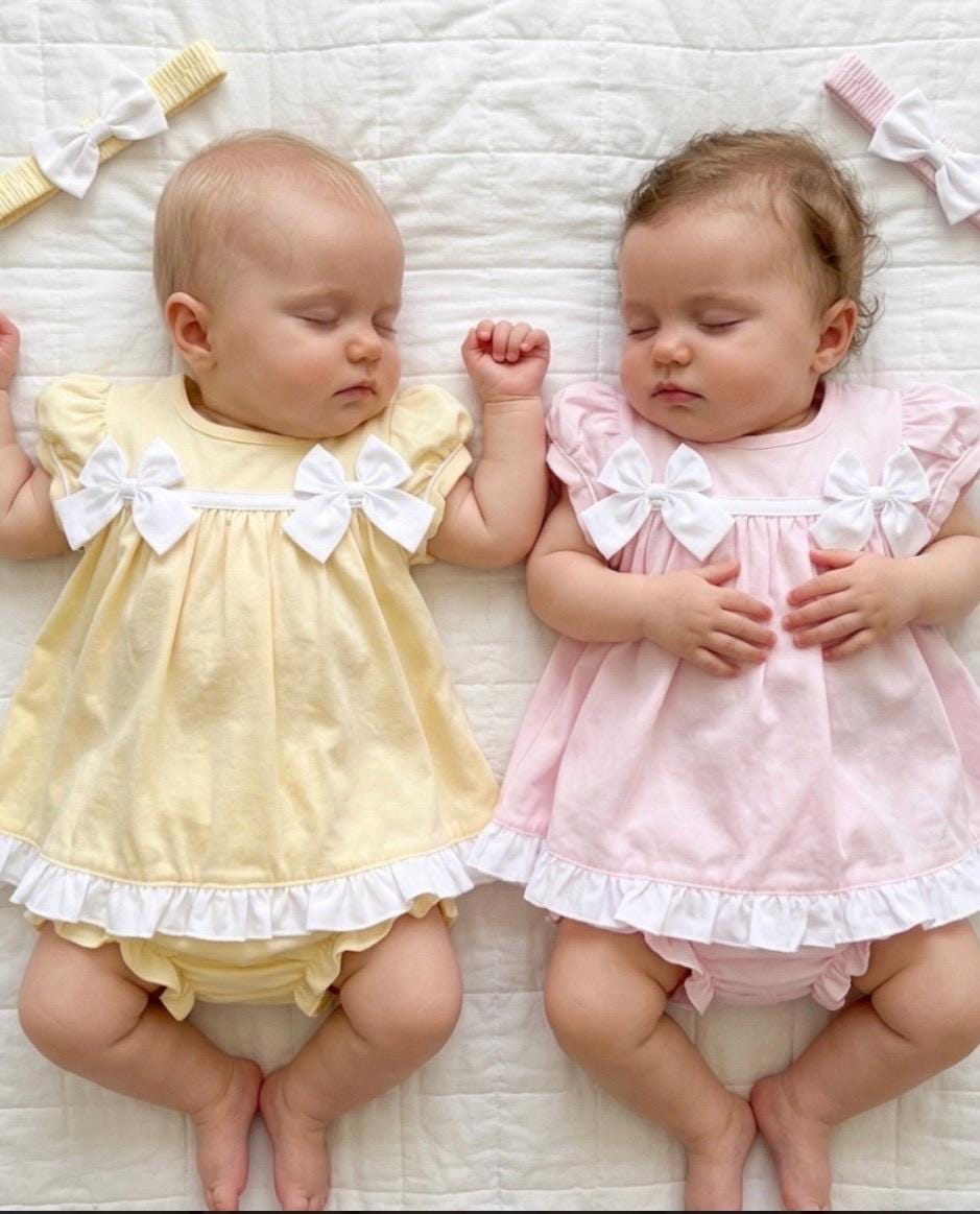 Baby Girl Bow Dress Set with Bloomers , Headband | Pink & Yellow Summer Outfit