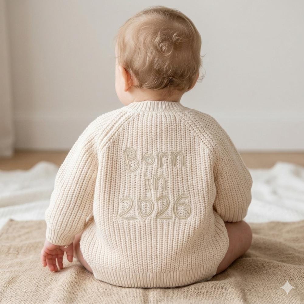 Born in 2026 Baby Cardigan | Neutral Knit Newborn Sweater, Unisex Clothes