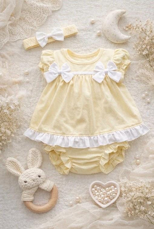 Baby Girl Bow Dress Set with Bloomers , Headband | Pink & Yellow Summer Outfit