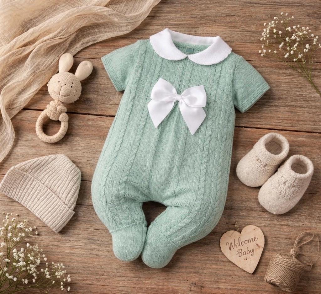 Sage Green Knitted Baby Romper with Bow | Soft Cotton All-in-One Outfit