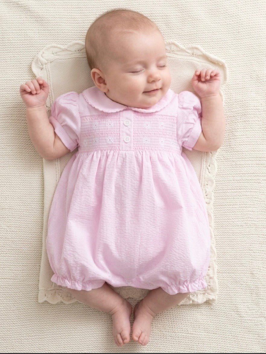 Smock flower romper baby girls, baby pink summer outfit