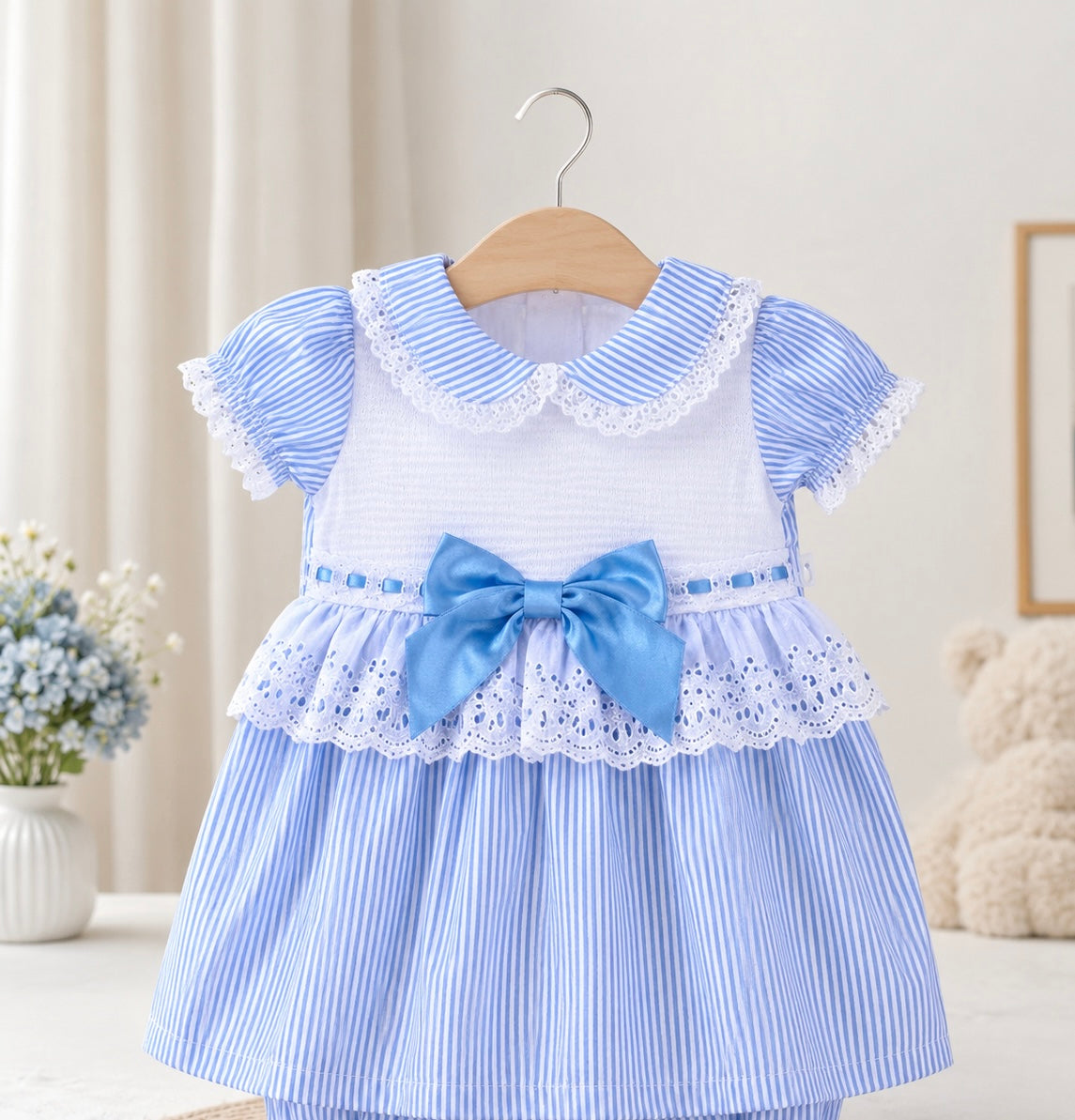 Girls Blue Stripe Smock Set