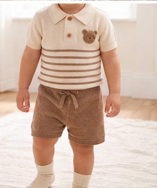 Boys Knit Polo Shorts Set | Neutral Toddler Bear Detail Outfit