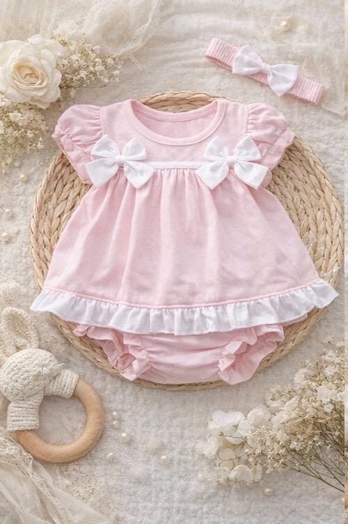 Baby Girl Bow Dress Set with Bloomers , Headband | Pink & Yellow Summer Outfit