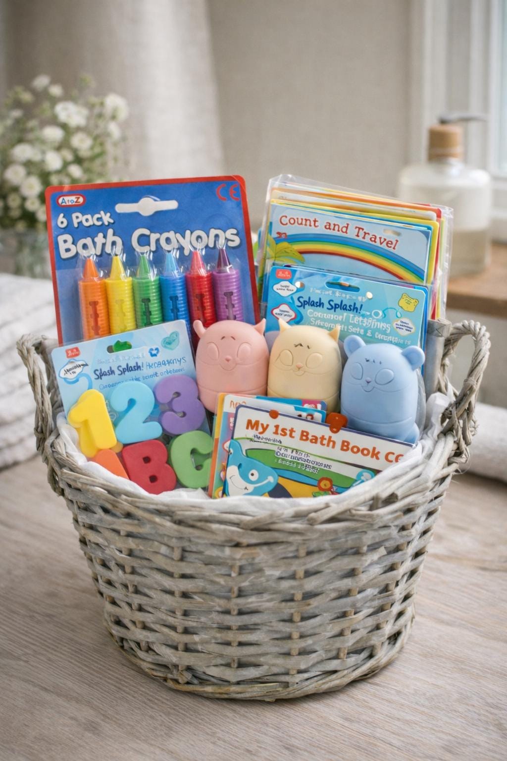 Baby Bath Toy Set | Crayons, Books, Foam Letters, Silicone Animals