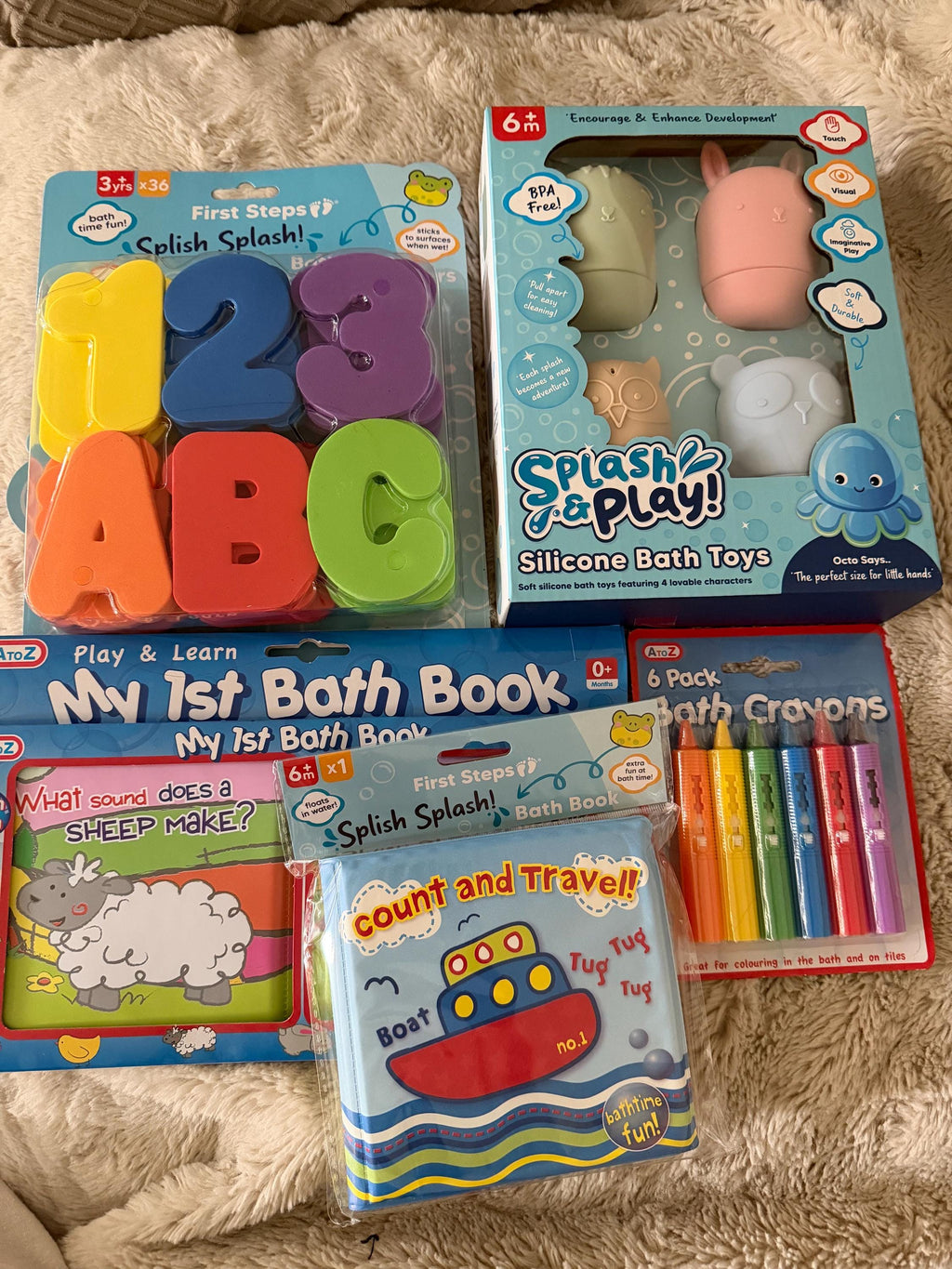 Baby Bath Toy Set | Crayons, Books, Foam Letters, Silicone Animals