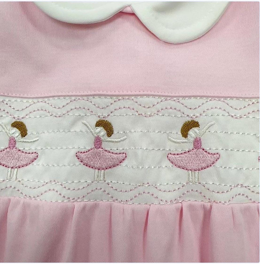 Baby Pink Hand-Smocked Ballerina Sleepsuit – Classic Spanish Style (0–9M)
